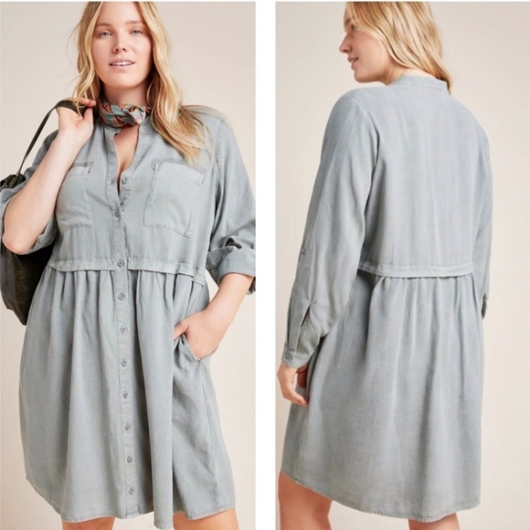 Cloth & Stone Anthropologie Lila Light Green Moss Chambray Dress - Picture 1 of 10